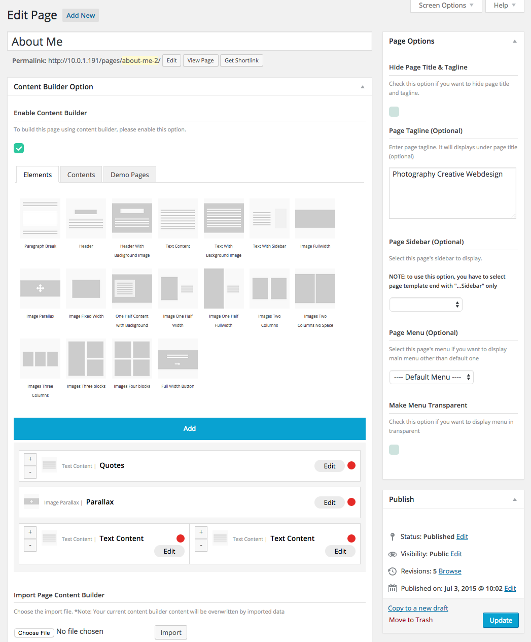 Page Content Builder Options